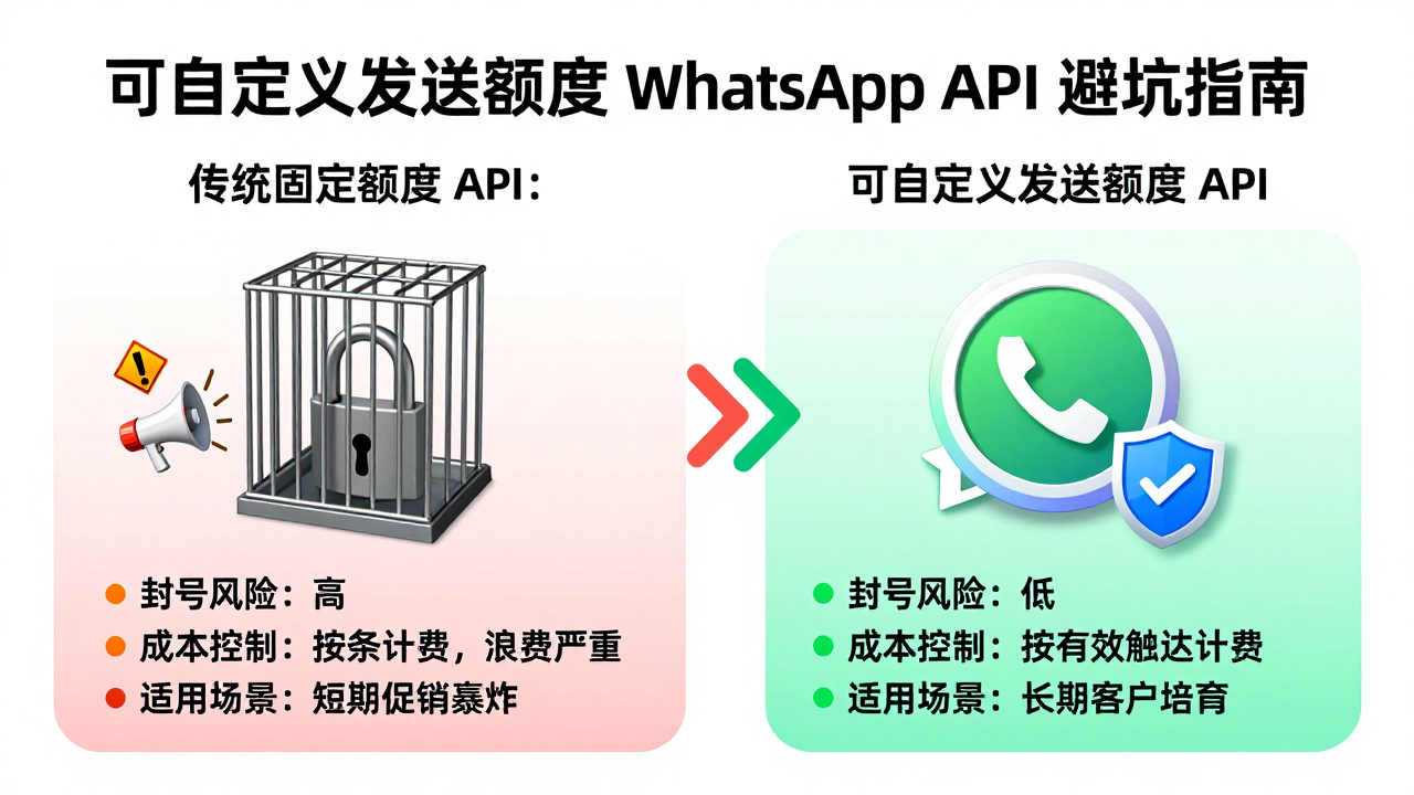 可自定义发送额度 WhatsApp API:跨境企业如何避开“封号陷阱”,把钱花在刀刃上? 可自定义发送额度 WhatsApp API:跨境企业如何避开“封号陷阱”,把钱花在刀刃上?